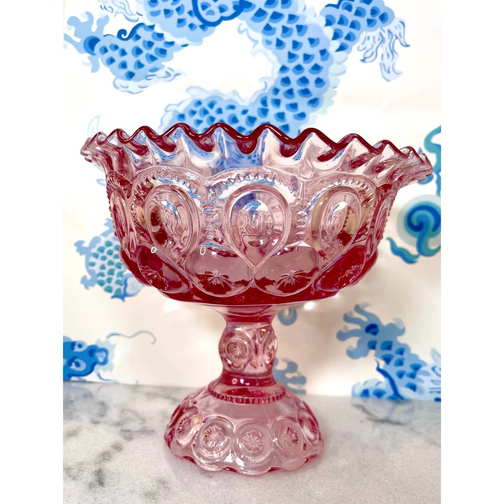 Vintage LE Smith Moon and Stars Pedestal Bowl. Pink and Rare! LARGE! 1960s